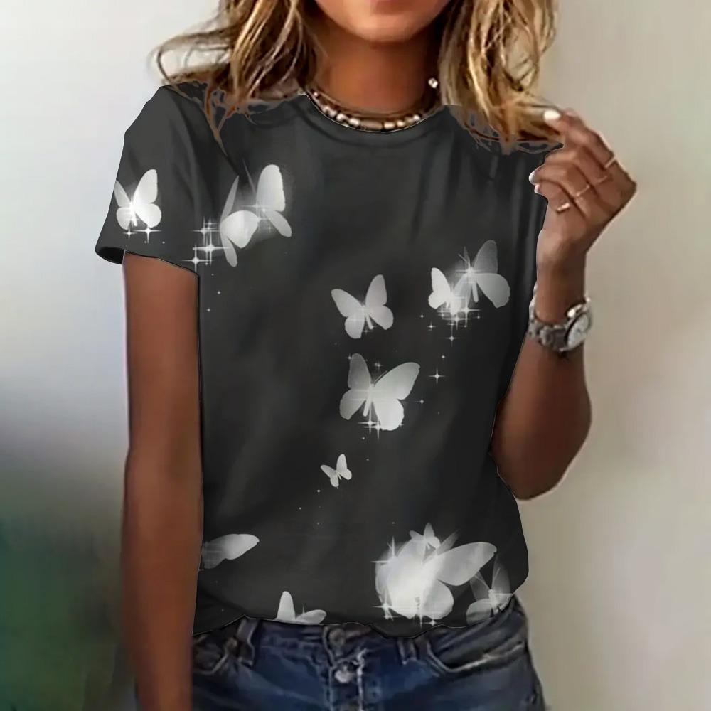 Summer New T-shirt Women's Clothing Casual Short Sleeve Butterfly Pattern Round Neck Elegant Blouse Women's T-shirt Price Is Low