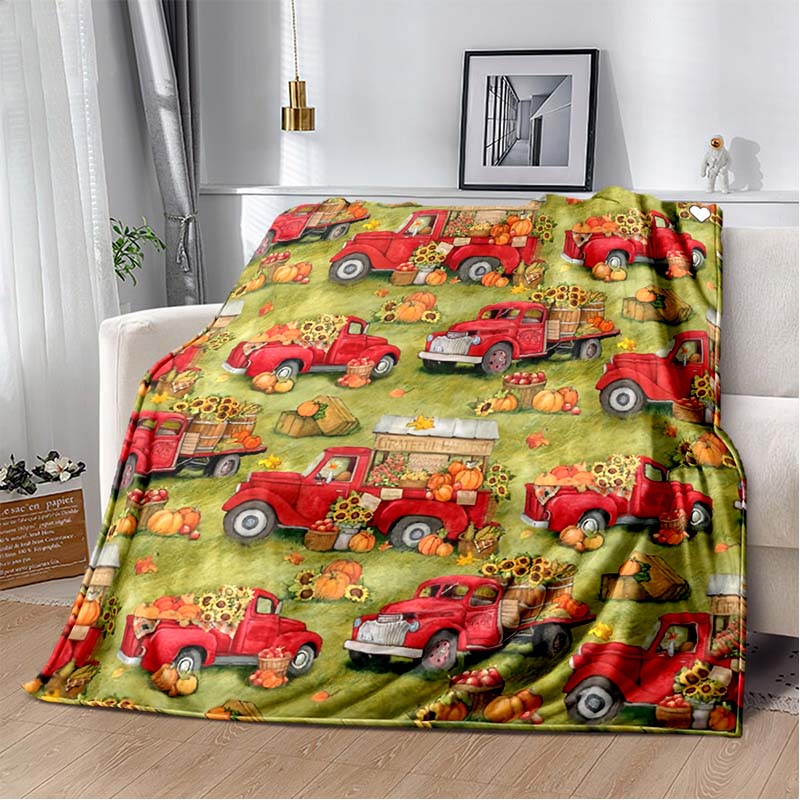 Cartoon Farm Tractor Flannel Blanket, Soft Warm Throw with Red Tractor & Barn Print, Cozy Bedding for Little Farmer Fans 80cm x 120cm