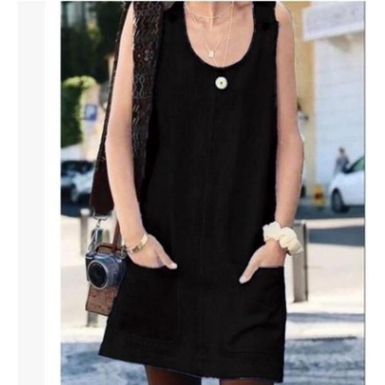 

Summer Casual Dress Button Shoulder Straps Pocket 5XL чорний