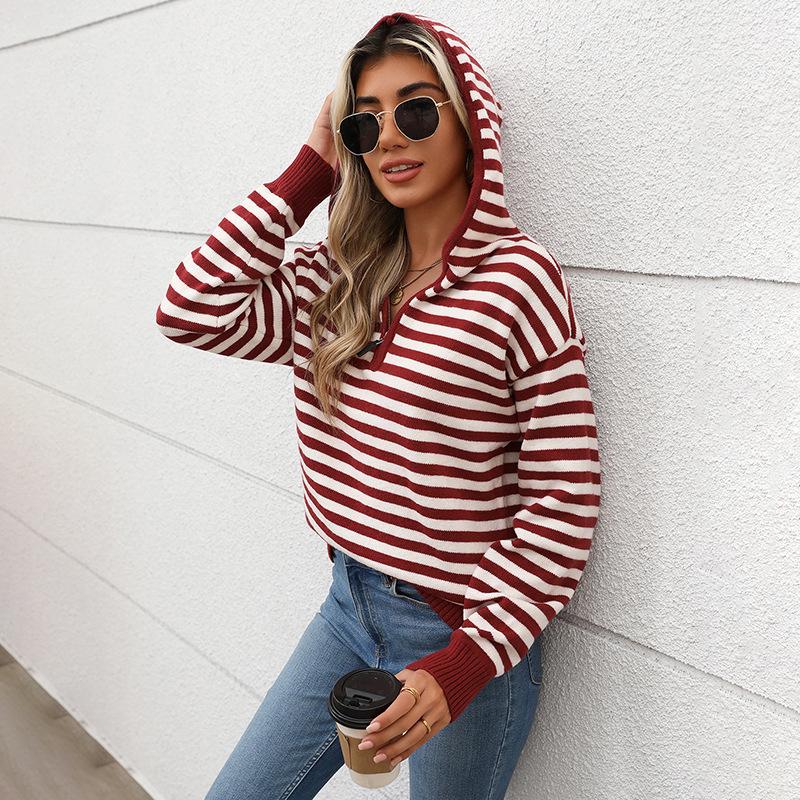 Women's Retro Striped Zipper Hooded Sweater - Autumn/Winter Casual Pullover Jacket