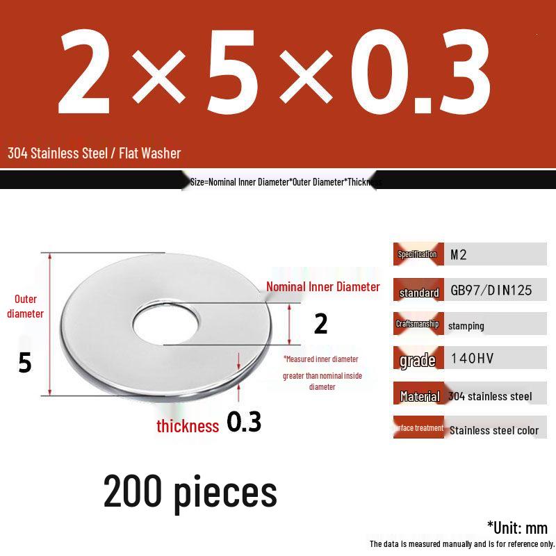 304 Stainless Steel Thickened Flat Washer Set, Sizes 2-36