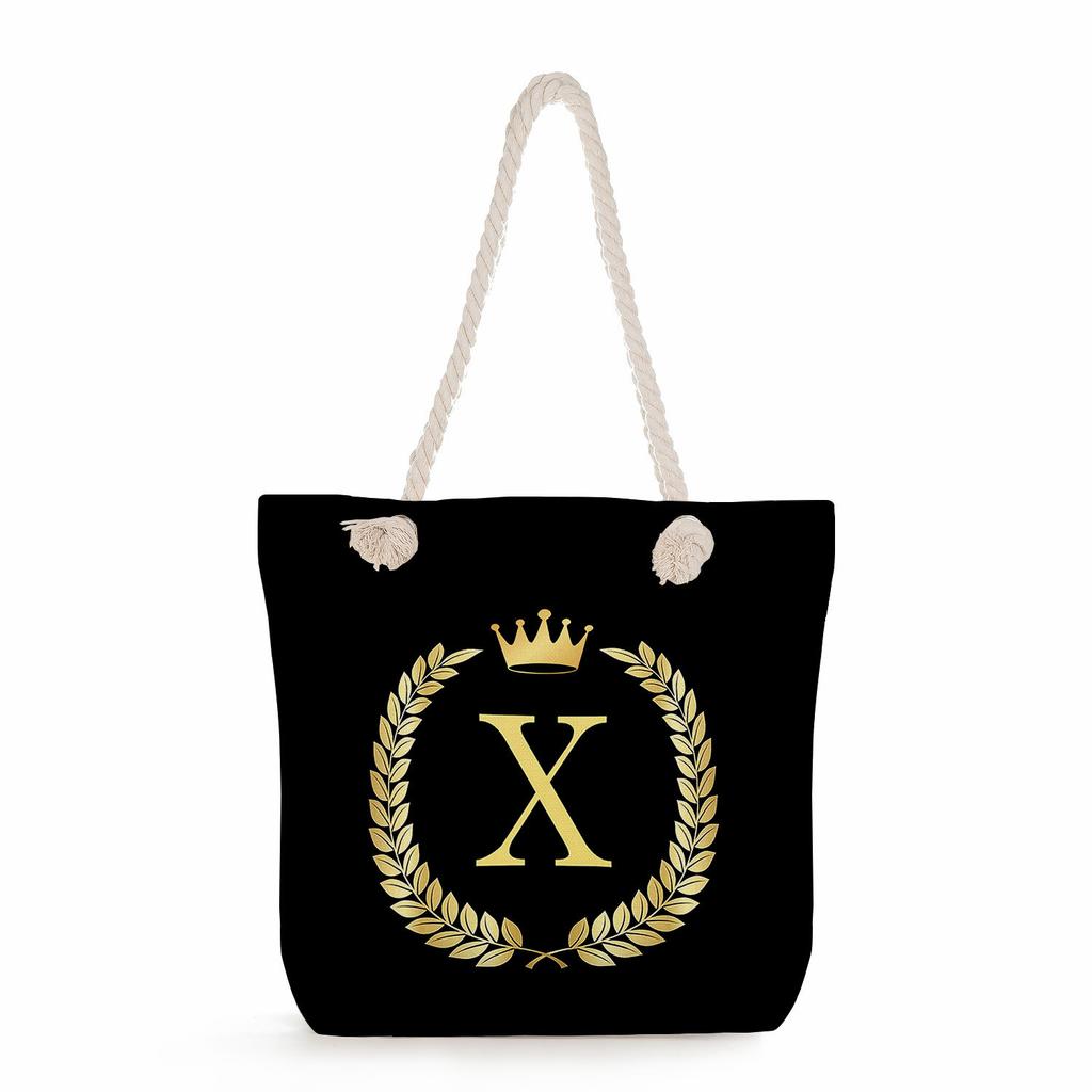 Black letters on a black background print thick rope single-shoulder beach bag 7289 CLE