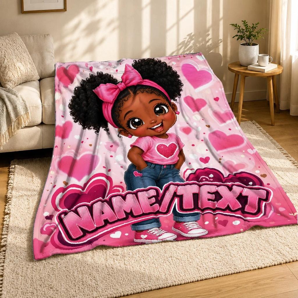Custom Afro Girl with Hearts Coral Fleece Blanket
