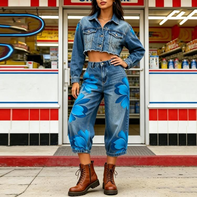 Women's Jeans - High Waist Wide Leg Denim Pants Women Floral Print Casual Loose Fit Comfortable Bottoms Suitable for Every Occasion