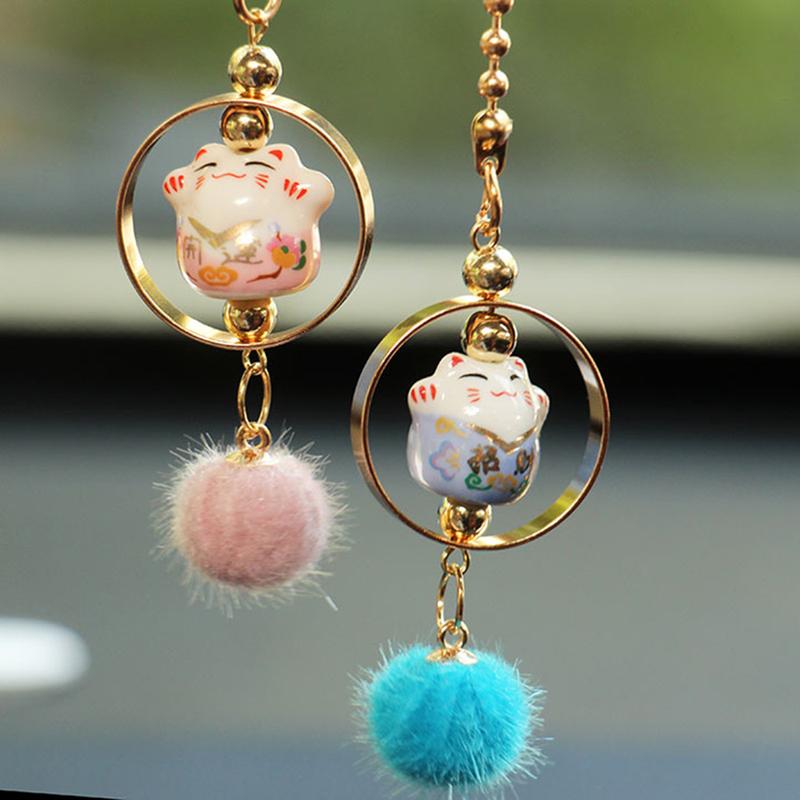 2Pcs Car Pendant Smiling Lucky Cartoon Cat  Decoration Auto Interior Rear view Mirror Fur tassels Hanging Ornament Accessories