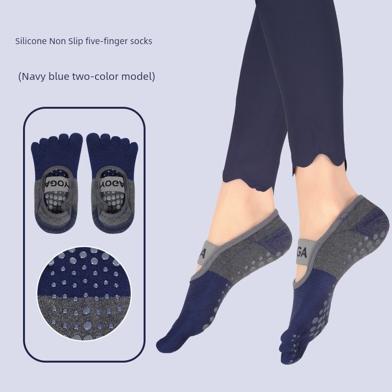 

Grom Yoga Five-Finger Socks Strap plus Non-Slip Sole Summer Thin Refreshing Breathable Fitness Indoor Yoga Socks Navy Blue-Spliced -1 Pair