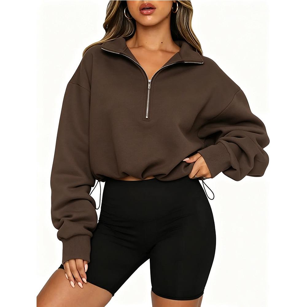 Women S Half Zip Long Sleeve Cropped Sweatshirt With Drawstring Y2k Style