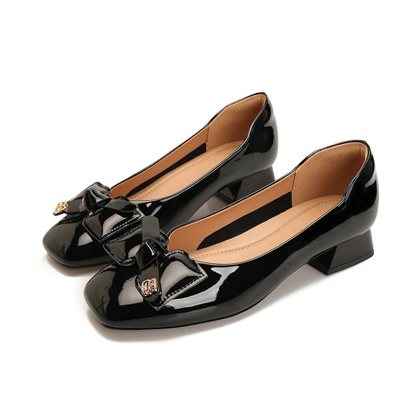 

Туфли на высоком толстом каблуке 2025 новая женская обувь лакированная красная свадебная обувь бант французский низкий каблук туфли-лодочки с открытым верхом 40 чёрный