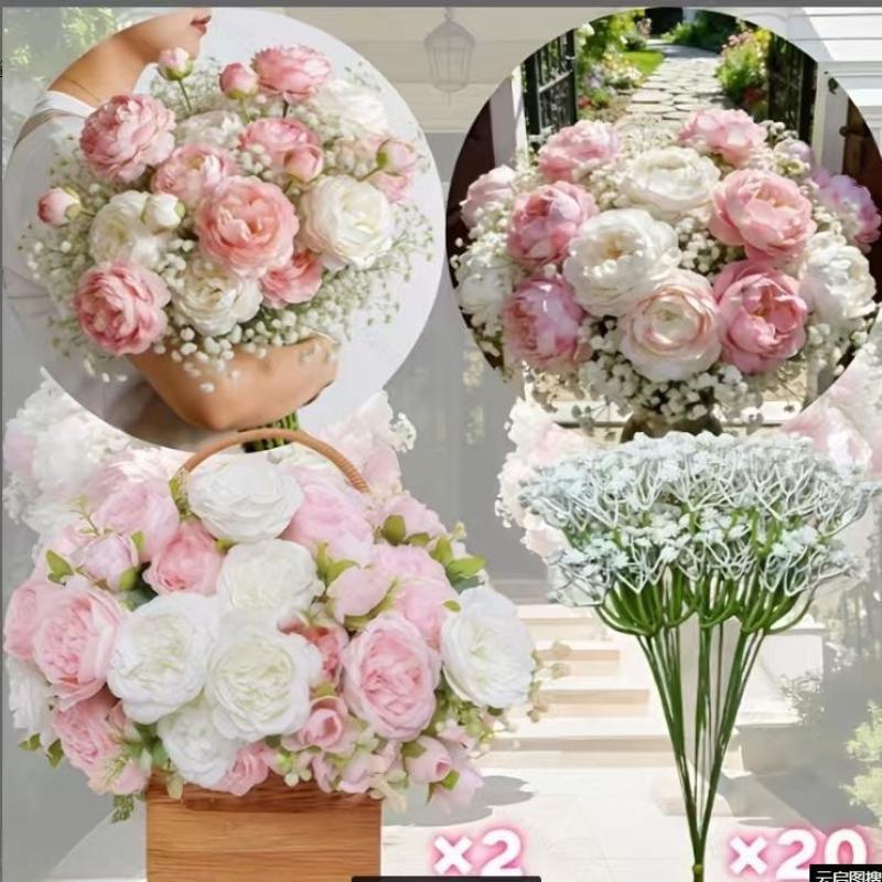Artificial Rose and Gypsophila Set Lifelike Faux Flower Bridal Hand Bouquet for Wedding Prop Party Event Decor