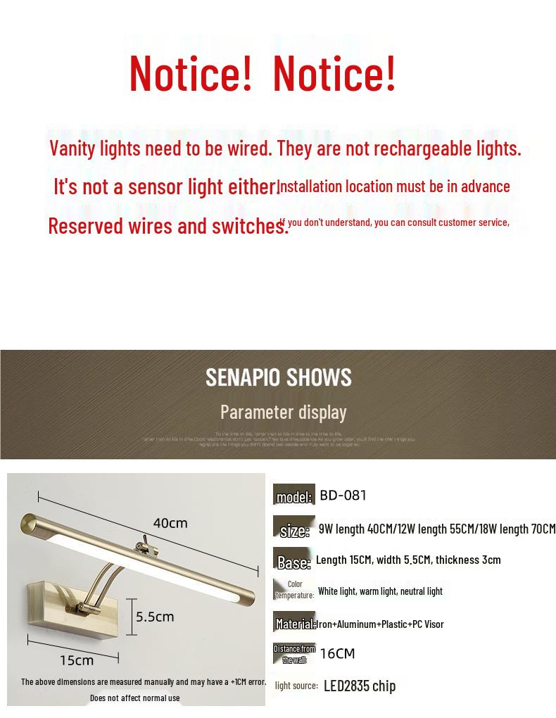 Minimalist LED Anti-fog Vanity Light for Bathroom & Makeup Mirror, Drill-free Installation