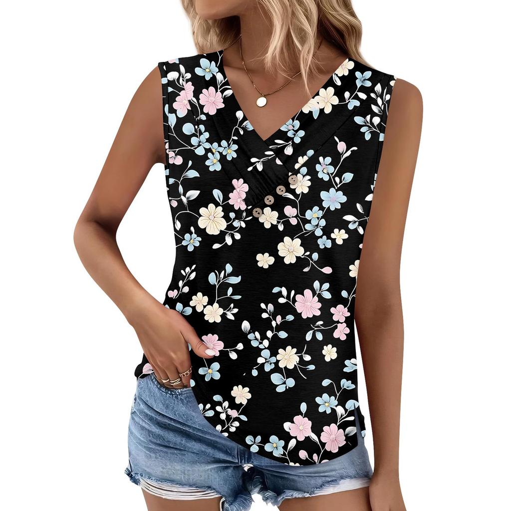 Women's Print Tank Top Button-down V-neck T-shirt Sleeveless Loose Fashion Top