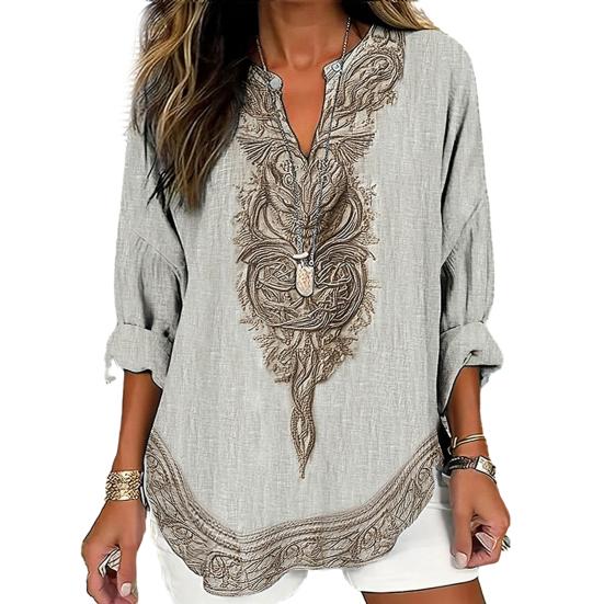 Damska Koszula Oversize z Dekoltem V Długi Rękaw Casualowa Wiosna Jesień Koszula z Wzorem Drukowanym 3D Oddychająca