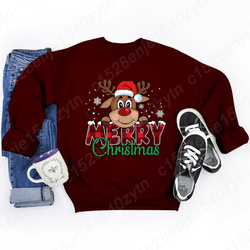 

Женский праздничный рождественский свитшот с графикой оленя и клеткой, повседневный свободный крой, длинный рукав, свитшоты с круглым вырезом для зимы XL