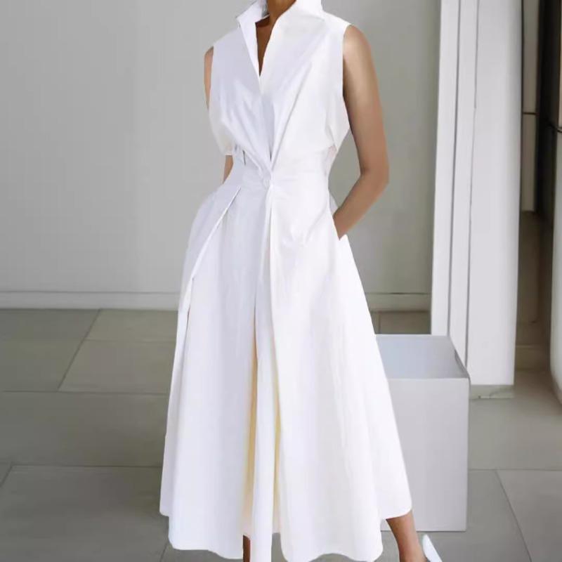 Dress summer new commuter fashion solid color V-neck women's button pendulum dress