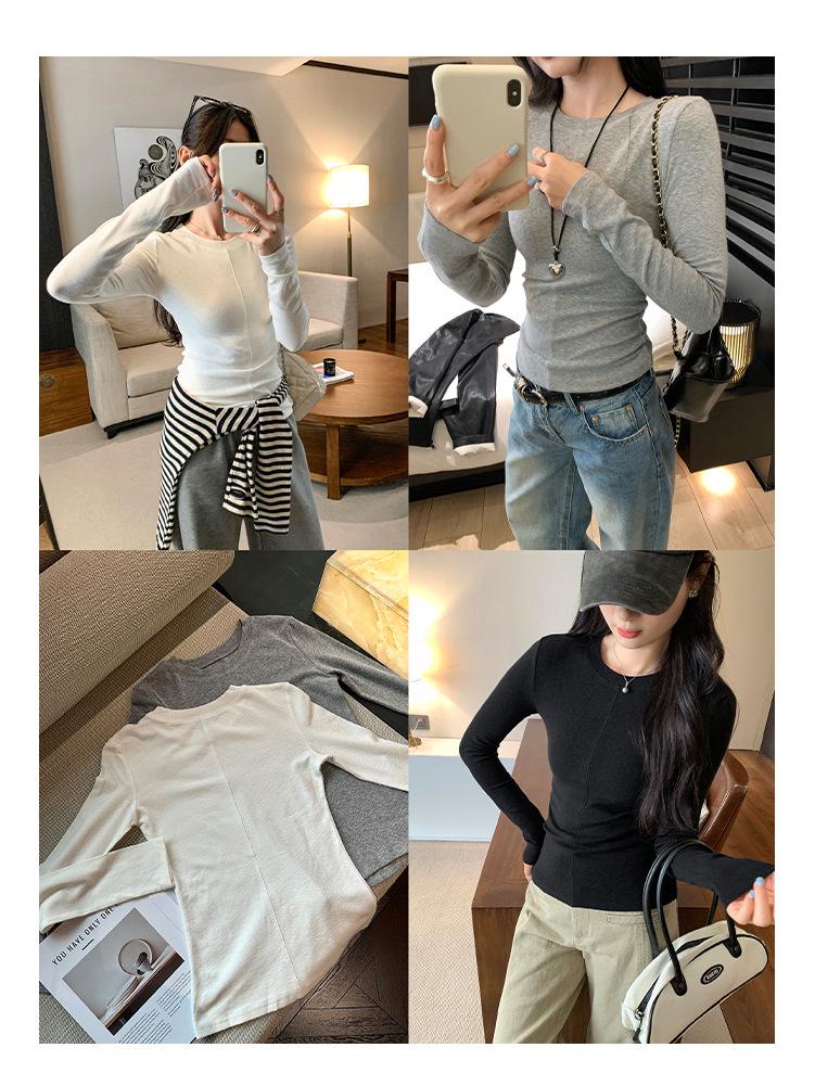European Grey Slim Fit Round Neck Long Sleeve Women's T-shirt for Autumn/Winter 2025