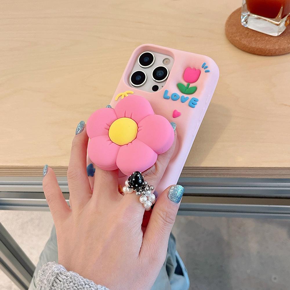 Cute 3D Floral Bracket Soft Silicone Case Flower Stand Holder Cover for iPhone 16 15 14 13 12 11 Pro Max 7 8 Plus X XS Max XR
