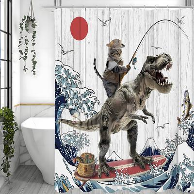 Macska és Dinoszaurusz Zuhanyfüggöny, Japán Tengeri Hullámok Fürdőszobába, Gyerekeknek, Dekoratív Zuhanyfüggöny, Vízálló Sho