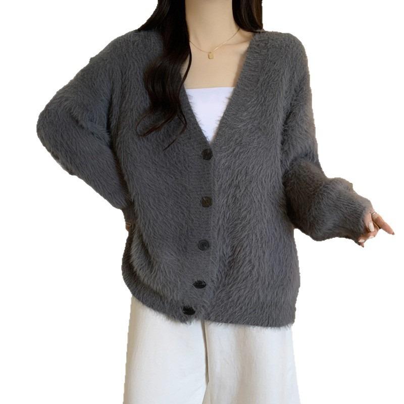 Soft Waxy Solid Color Gentle Wind Imitation Mink Velvet V-neck Knitted Cardigan Women's Autumn and Winter New Loose Lazy Sweater Jacket