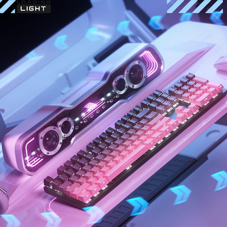 HP Mechanical Keyboard, Wired for Office And Gaming, Side-Engraved Gradient Blackberry Pink, White Light Switches, 104 Keys