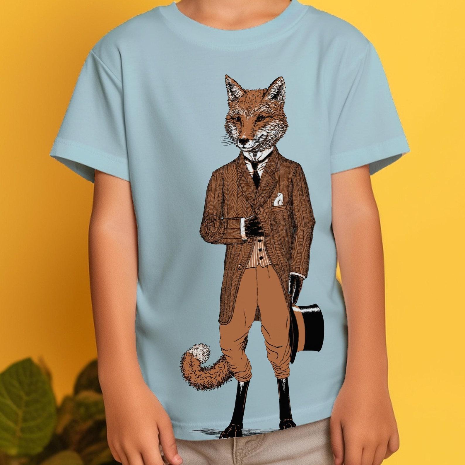 Dapper Fox Kids T-shirt: Hand Screen Printed Animal Tee, Children s Gift, Animal Tshirt, Animal in Suit Drawing XL