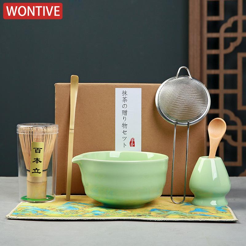 7pcs Traditional Bamboo Ceramic Japanese Matcha Tea Set with Spout Reusable Matcha Whisk Set Food Grade Safe Match Bowl Stirring