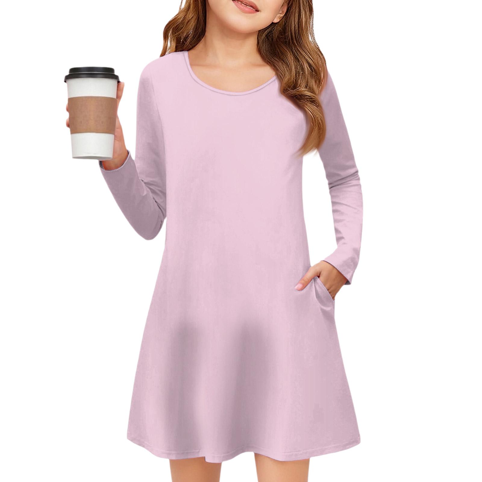 

Girls Long Sleeve Dress - Solid Color Pocket Dress 110 розовый