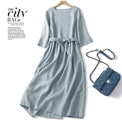 Leinenkleid, Gürtel, Taille, Bauch bedecken, Dünn, Langer Rock, Rundhalsausschnitt, Kurzärmelig, Sommer