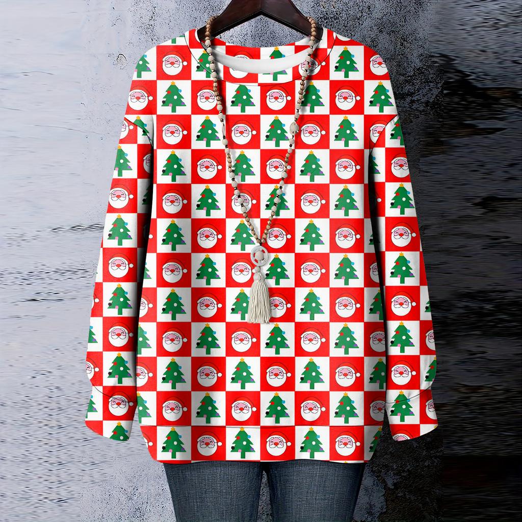Ladies' Christmas Printed Round Neck Long Sleeved T-shirt Sweatshirt Top