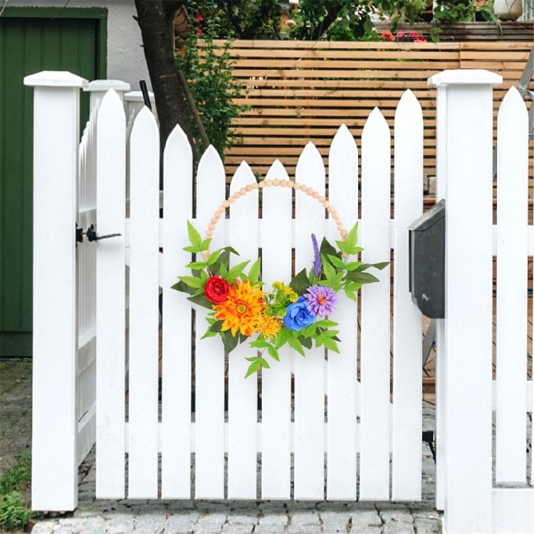 Holzperlenkranz mit künstlicher Blume und Blatt, Frühjahrs-Sommer-Kranz für Hochzeit