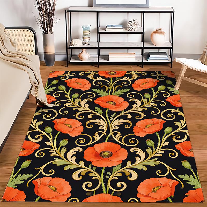 Floral Carpet with Red Poppies, Green Leaves, Black and Gold Design Suitable for use as an anti-slip for living room bedroom sofas