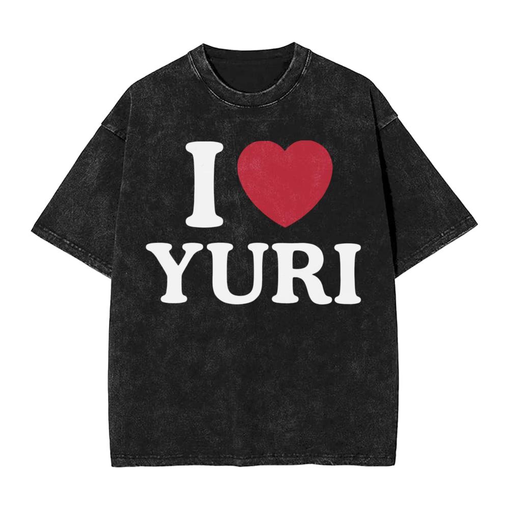Retro I Love Yuri Washed T-Shirts for Men Women Vintage Cotton Tees Round Collar Short Sleeve T Shirts Original Clothing Summer M