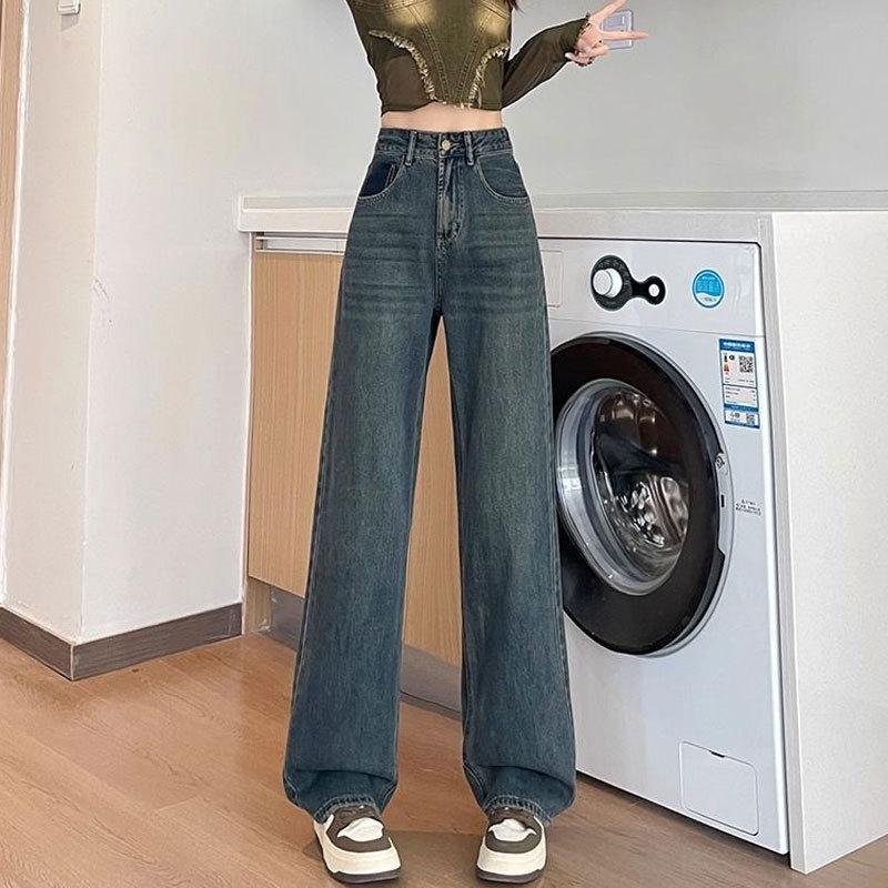 

Women s High-Waisted Wide-Leg Jeans with U-Shaped Pocket, Contrast Leather Patch - Thigh-Covering, Floor-Length for Spring & Summer Small