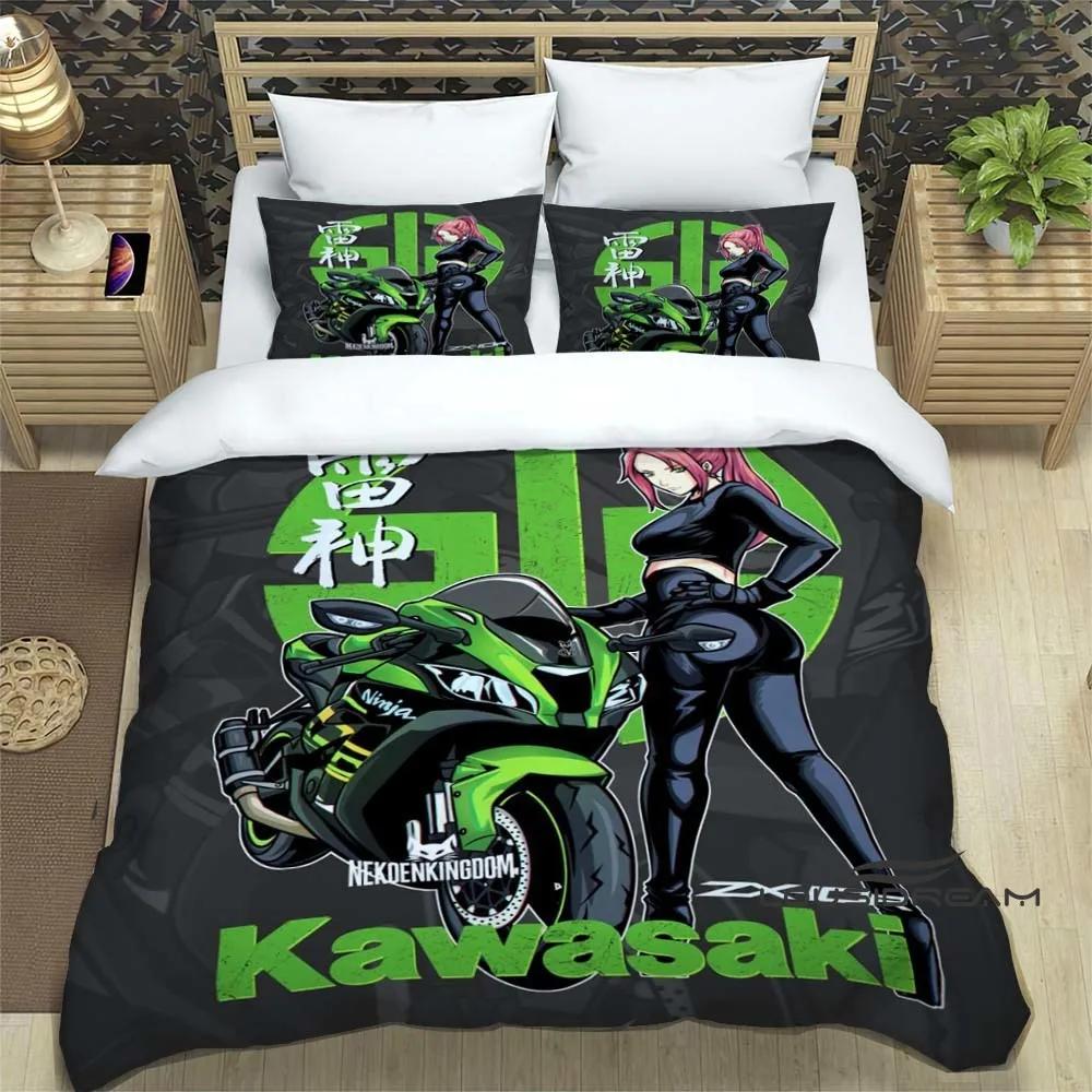 3D Retro Druck K-Kawasaki Motorrad Logo Bettwäscheset Elegantes Bettwäscheset Bettbezug Bettquiltbezug Luxus Geburtstagsgeschenk