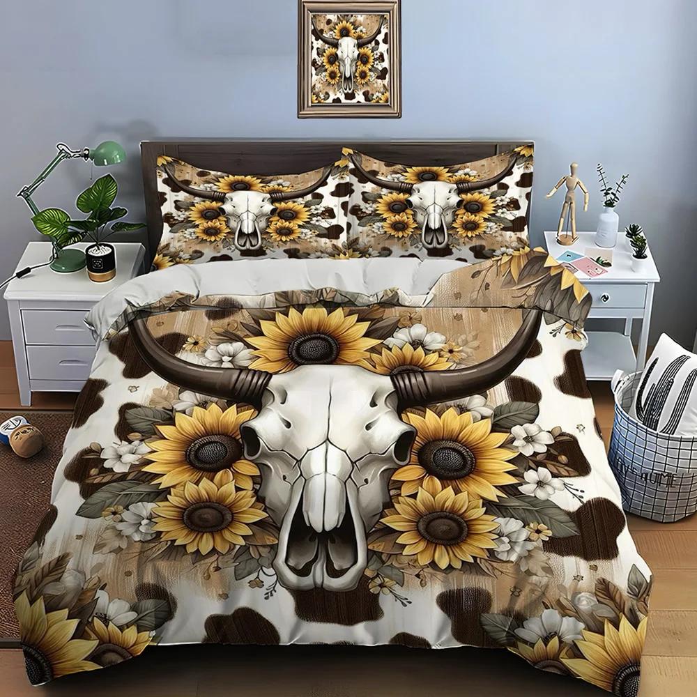 Native American Cattle Skull Art Print Bedding Set Duvet Cover 1 Duvet Cover 2 Pillowcases Adult and Kids Bedding Set Luxury