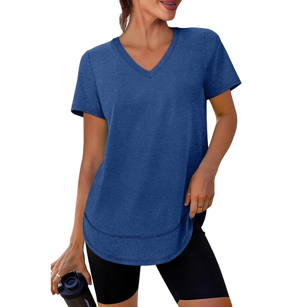 Women's Casual Loose-Fit Fashionable -Color Short-Sleeve V-Neck Pullover T-Shirt
