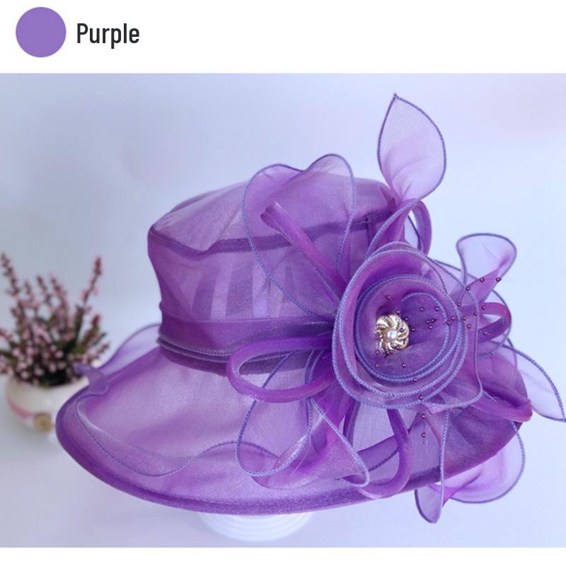 New Women's Summer Korean Style Wide Brim Sun Hat with Mesh and Organza Floral Design