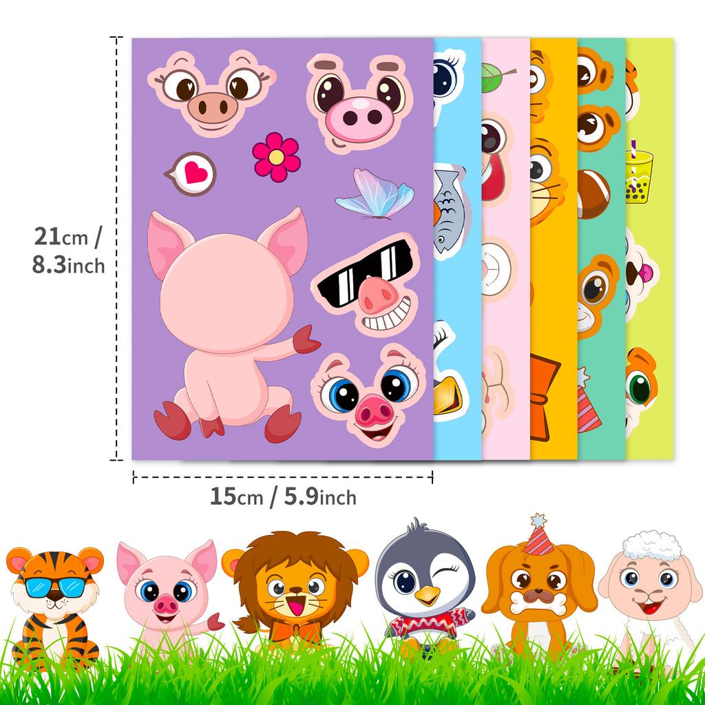 Non-Toxic 6 Sheets Face Kids Cartoon Animal Stickers Set Make-A- Decals For Notebook Phone Laptop Stationery Decoration