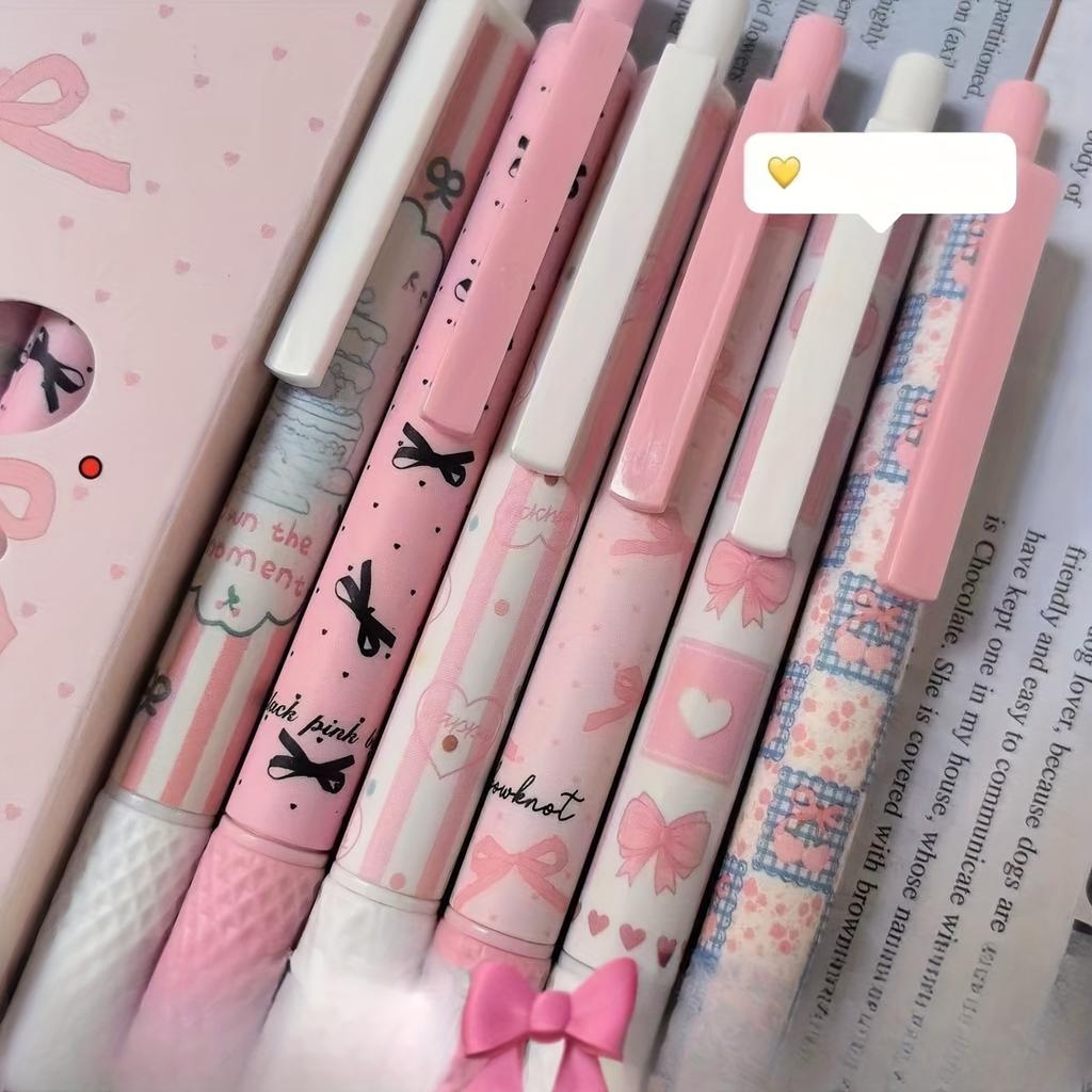 6pcs of Popular Cross-Border Pink Bow Ins High-Value Click Pens, Fast-Drying and Smooth for Students