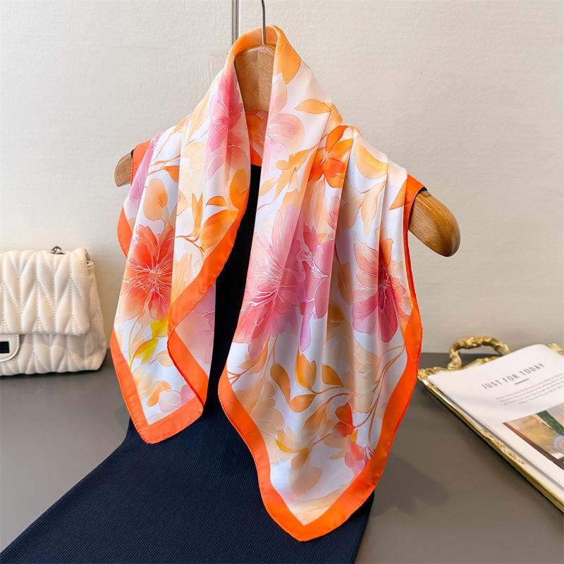 Floral Print Soft Square Silk Scarfs For Women Fashion Decorate Neckerchief Neck Ties Kerchief Lady Summer Beach Hijab Female