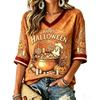 Women's Fashion Casual V-Neck T-Shirt with Halloween Print for Holiday Parties and Everyday Wear