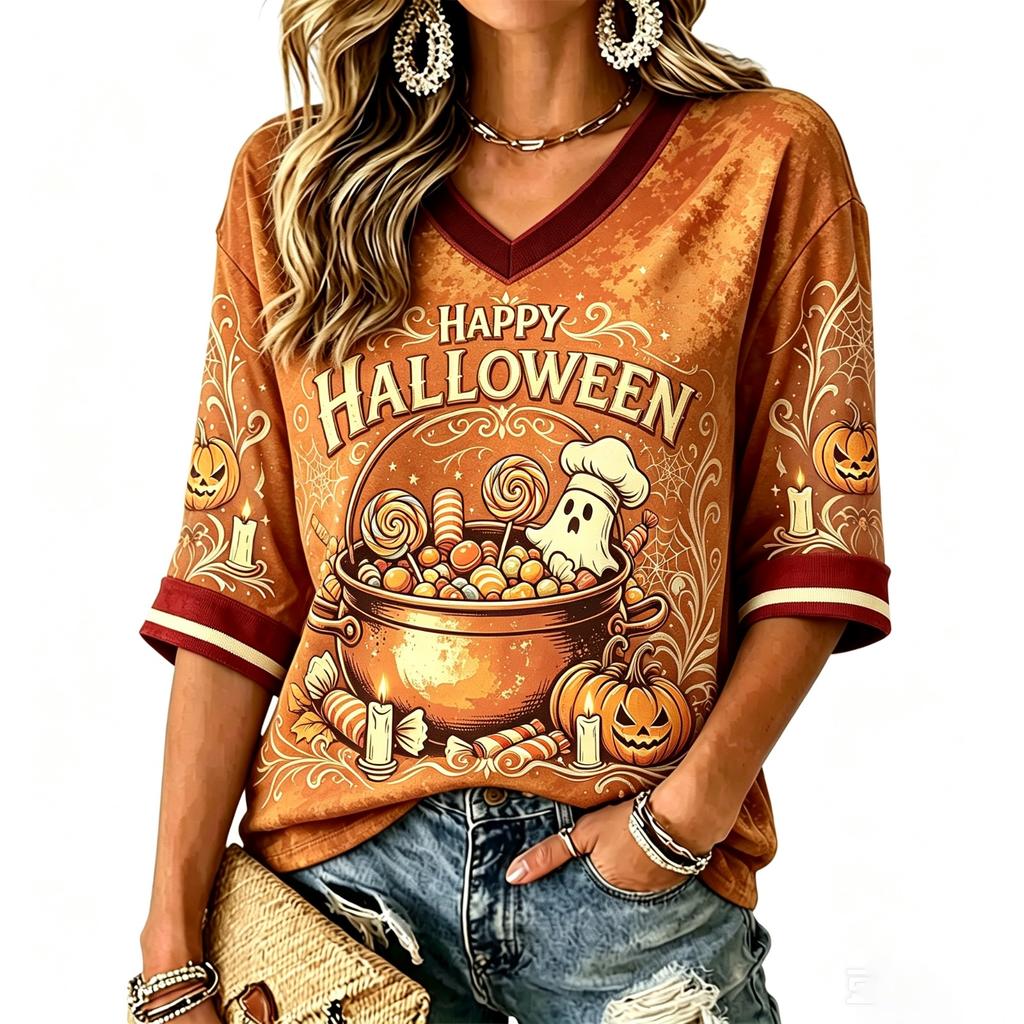 Women's Fashion Casual V-Neck T-Shirt with Halloween Print for Holiday Parties and Everyday Wear