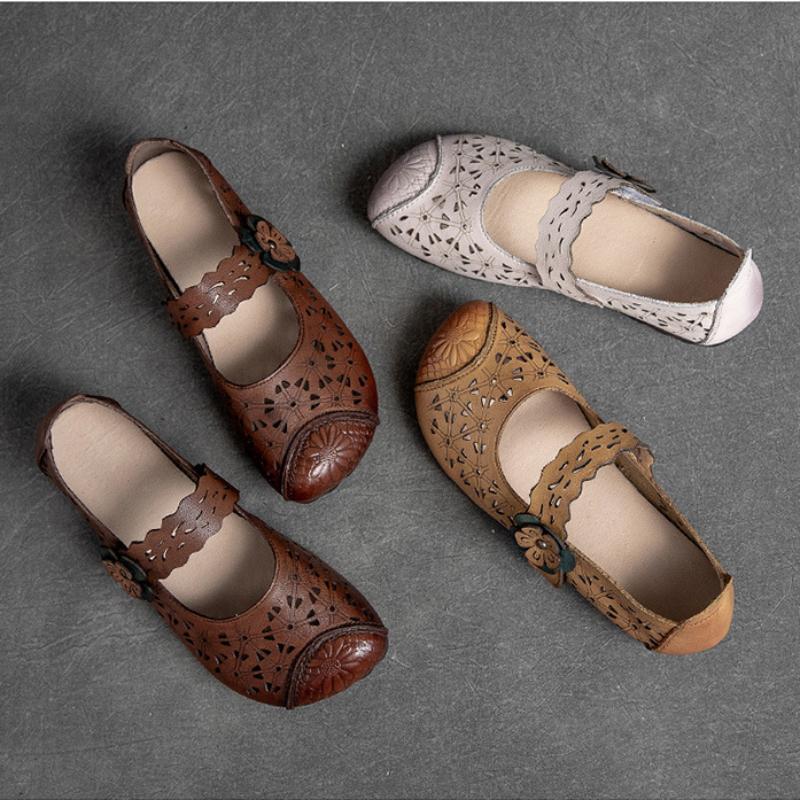 Johnature Sandali piatti con suola cava in vera pelle, retrò, versatili, scarpe da donna con suola morbida