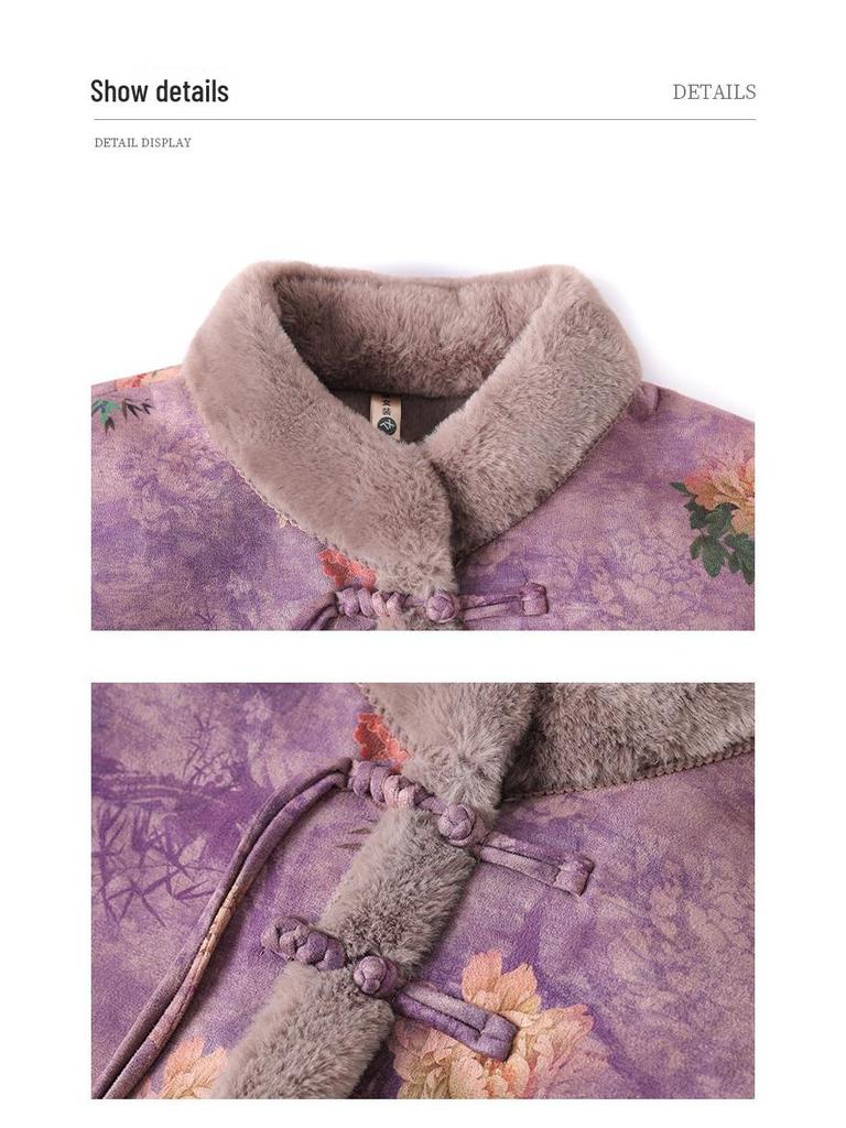 Velvet Plus Ancient Style Print Warm Jacket for Middle-Aged & Elderly Women - Winter Casual Wear