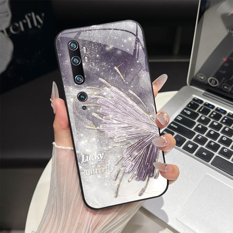 Tempered Glass Hard Phone Case For Xiaomi Mi Note 10 CC9 CC9E 9T 9 SE Lite A3 Redmi K20 Pro Luxury Butterfly Shockproof Cover