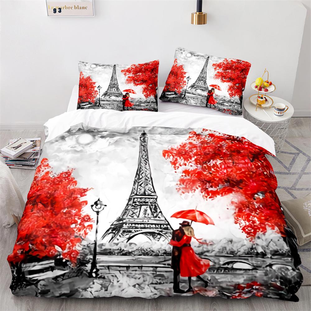 Paris Eiffel Tower Themed Couple Duvet Cover Set Cityscape Comforter Cover Romantic Polyester Bedspread Cover Pink Floral King