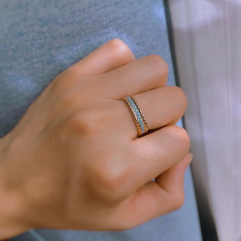 New  Rose Gold Full Circle Ring Luxury Stackable Turquoise Finger Ring For Women Fine Daily Vintage Jewelry