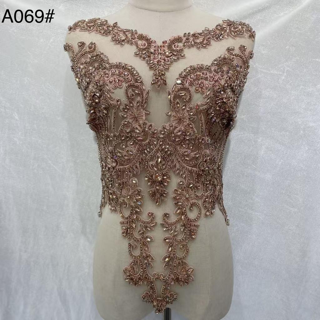 Rhinestone Tassel Dark Purple Beaded Lace Fabric with Motif Rhinestones Flower Shape Embroidery Trim for Wedding Dress