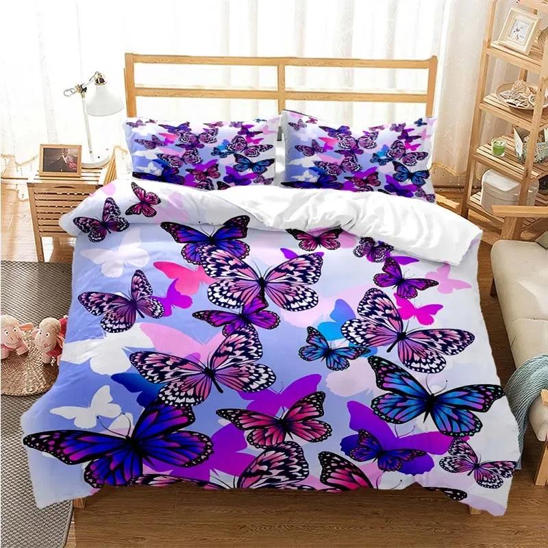 Purple Lavender Butterfly Comfortable Duvet Quilt Cover Pillowcase Bedding Set Children Bedroom Decoration Home Textile