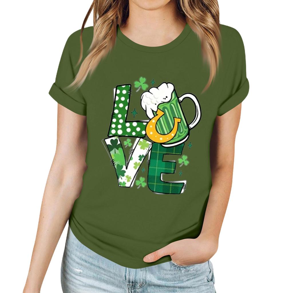 Damen Casual T-Shirt mit Saint Patrick Print Rundhals Pullover Kurzarm Top
