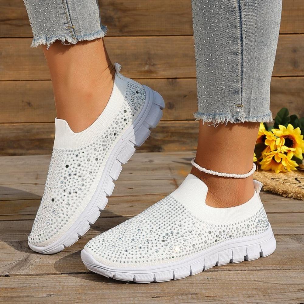 Summer New Women's Glitter Mesh Slip-On Sneakers Shiny Rhineste Breathable Lightweight Casual Walking Shoes Multiple Colors
